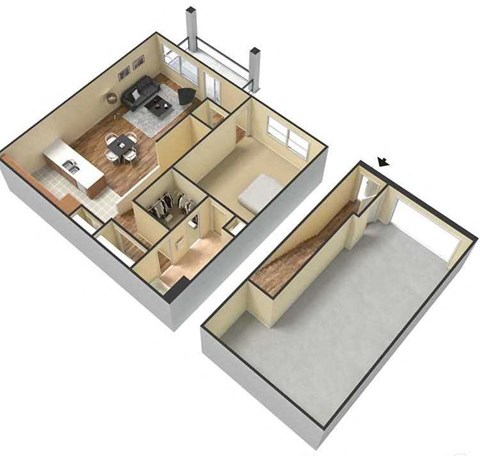 Floor plan for 1 bed, 1 bath, 934 sqft